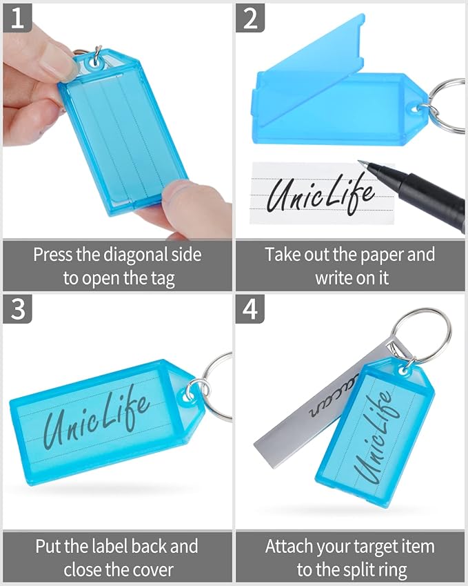Uniclife 20 Pack Plastic Key Tags with Split Ring Label Window, 8 Colors | Tough plastic key tags with writable blank paper labels and clear covers keep labels protected, visible and easy to identify