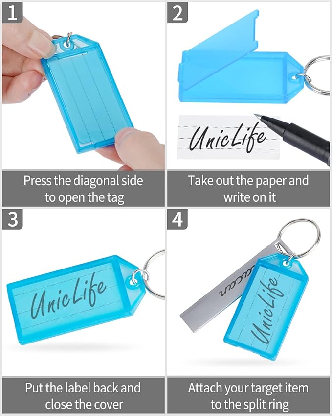 Uniclife 80 Pack Plastic Key Tags with Split Ring Label Window, 8 Colors | Tough plastic key tags with writable blank paper labels and clear covers keep labels protected, visible and easy to identify
