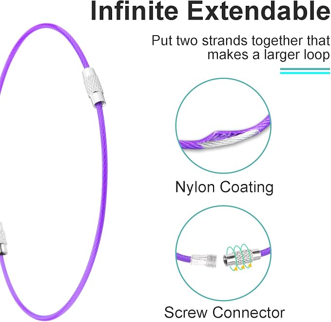 CooBigo 25 Pack Stainless Steel Loops 2mm Coated Wire Keychain Cable Large Key Rings 6 inch Key Chain for Women, Luggage Tags, Key Tags, Keyrings, Kitchen Utensils, Duster - Purple