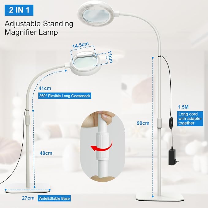 10X Large Floor Magnifying Glass with Light and Stand, Floor Magnifying Lamp 56 LED Flexible Gooseneck,Hands Free Lighted Magnifiers for Close Work, Sewing,Reading,Repair Craft