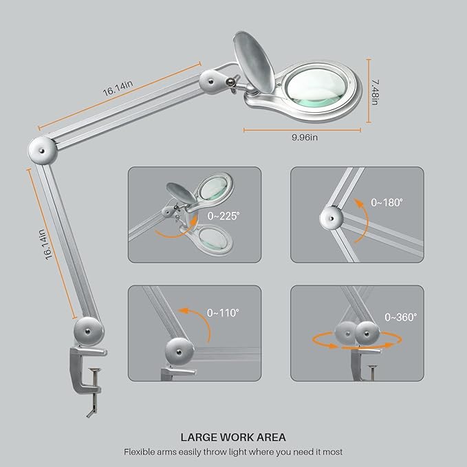 LED Magnifying Lamp with Clamp, 5 Inch Magnifier Glass Lens, Metal Swing Arm Dimming 1200 Lumens Lighted Magnifying Desk Lamp for Crafts, Bright 60PCS LEDs - 2.25X Magnification(Silver)