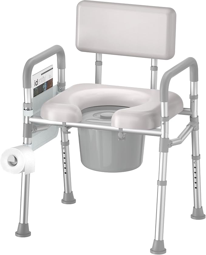 soundfuse Bedside Commode Toilet, Padded Seat and Backrest, Aluminum Frame | Height Adjustable, Dual-Crossbar, Portable Toilet for Seniors and Adults, Removable Potty Bucket, Tool-Free Assembly, 350 lbs