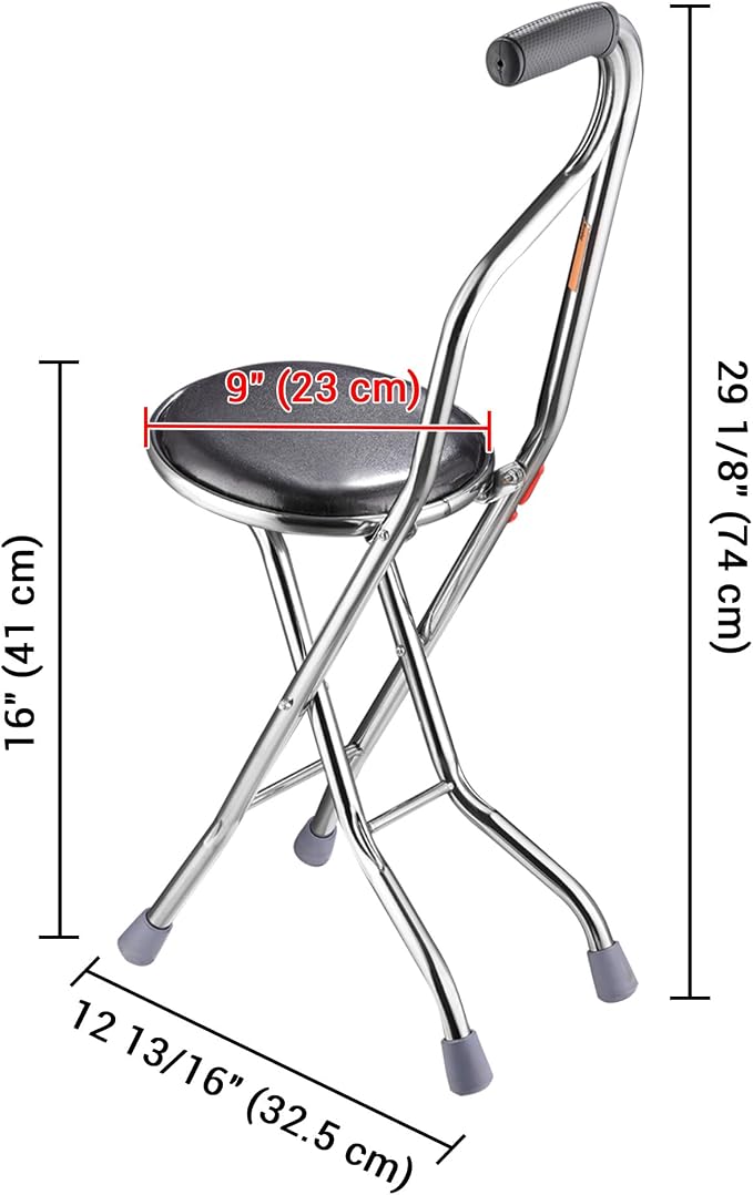 AW Lightweight Folding Walking Cane Stick with Seat Four Legged Portable | Travel Hiking Chair Stool Eldely Care Aid