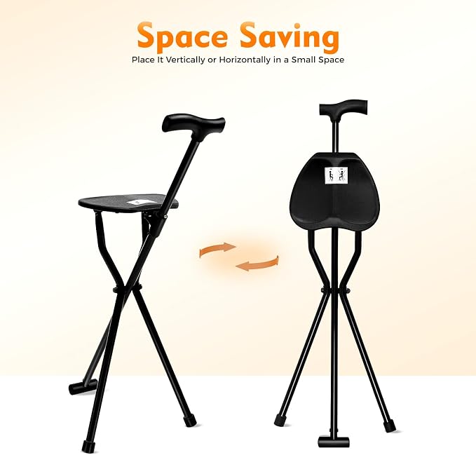 Cane Chair,Walking Cane,35.4 Inches Tall Multi-Functional Foldable Three-Legged Stool, Folding Cane with Seat, Supports Up to 249.12Lbs, Suitable for Both The Elderly and Young