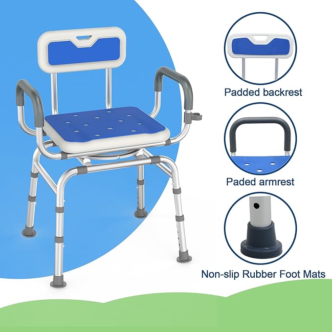 360 ° Swivel Shower Chair,Portable Rotating Shower Seat with Padded Armrests and Backrest, Adjustable Bathtub Height Seat,Support 400lbs