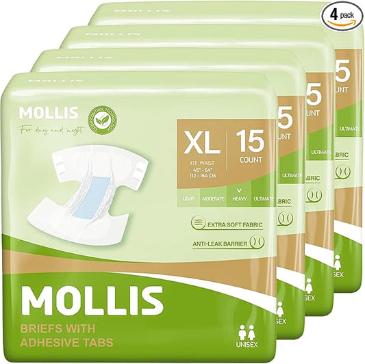 MOLLIS Adult Diapers for Women and Men, Unisex Disposable Incontinence Briefs with Tabs, Odor Control, XLarge, 60 Count (4 Packs of 15)
