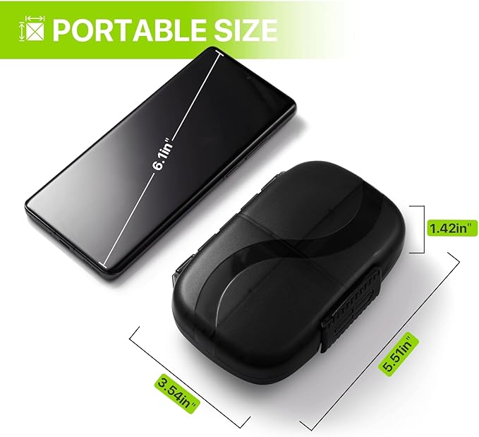 Sukuos Travel Pill Organizer Weekly with Double Lock, Portable Pill Box with Large 7 Compartment, Airtight Daily Medicine Case Container with Labels for Vitamins/Fish Oils/Supplements