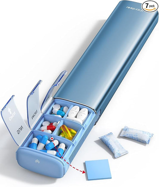 VAYDEER Metal Weekly Pill Organizer – Moisture-Proof Travel Pill Organizer with Built-in Desiccant Chamber and Airtight Lids – Large-Capacity Pill Box for Vitamins, Medicines & Supplements (Blue)