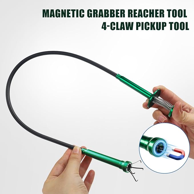 Flexible Grabber Tool, Magnetic 4-Claw Gripper (24", Green) | Mechanic Pickup Tool with Spring-Loaded Handle; for Automotive, Engine Bay, Bathroom, Kitchen, Sewers, Drain, Small Spaces
