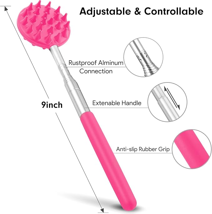 Telescoping Back Scratcher with 5 Detachable Heads, Gift for Women Pink | 10-30" Reach, Stainless Steel Pole, Rubber Grip, Christmas Stocking Stuffers, White Elephant, Anniversary and Birthday Gift