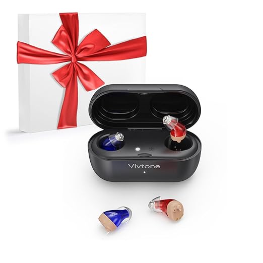 Supermini Hearing Aids (Not Amplifiers), Rechargeable Digital Hearing Devices with 16-Channel Sound Processing for Superior Sound Quality, Over-The-Counter, Pair (Blue & Red with Black Case)
