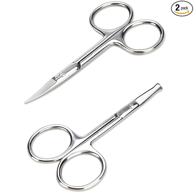 Facial Hair Small Grooming Scissors For Men Women - Eyebrow, Nose Hair, Mustache, Beard, Eyelashes, Ear Trimming Kit - Curved and Rounded Safety Tip Clippers For Hair Cutting - 2PCS Silver