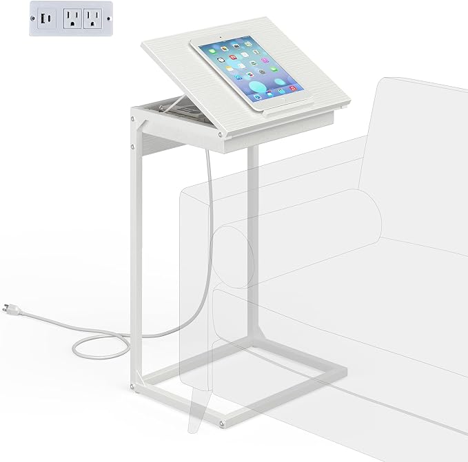 sthmec C Shaped End Table with Charging Station, 45° Tiltable Adjustable Flip Top Side Table with Storage,Small C Table for Small Spaces,Slide Under Couch Sofa Bedside Table for Living Room,White