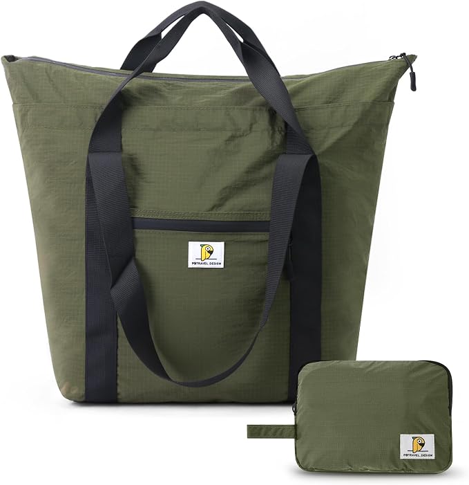 Foldable Travel Bag, 26L Duffle Bag for Travel, Expandable Second Carry-On Bag for Travel & Shopping, Water-Resistant Personal Item Bag, Olive Green