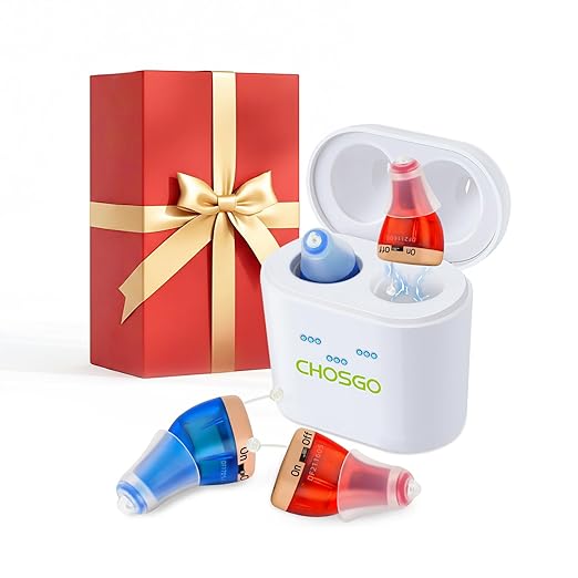 CHOSGO OTC Rechargeable Hearing Aids for Seniors, 12-Channel Digital Hearing Amplifiers with Noise Cancellation, Invisible CIC Design with Anti-Misoperation Volume Control, Red Blue