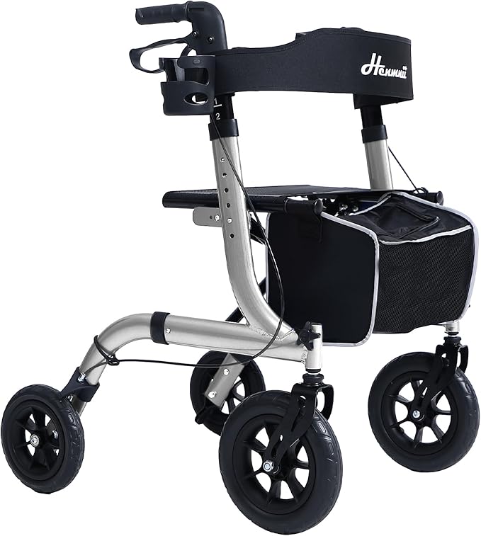 Rollator Walker for Seniors, Lightweight Foldable All Terrain Rolling Walker with seat, Aluminum Walkers with 10 inch Rubber Wheels, Handles and Backrest for Seniors and Adult
