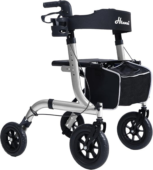 Rollator Walker for Seniors, Lightweight Foldable All Terrain Rolling Walker with seat, Aluminum Walkers with 10 inch Rubber Wheels, Handles and Backrest for Seniors and Adult