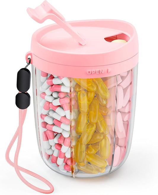AUVON Large Pill Organizer, Pill Dispenser for Holding 6 Various Vitamins, Pill Box Case with Anti-Mixing & Wide Opening Design, Easy to Retrieve Meds, Includes 20 Pcs Stick-on Labels