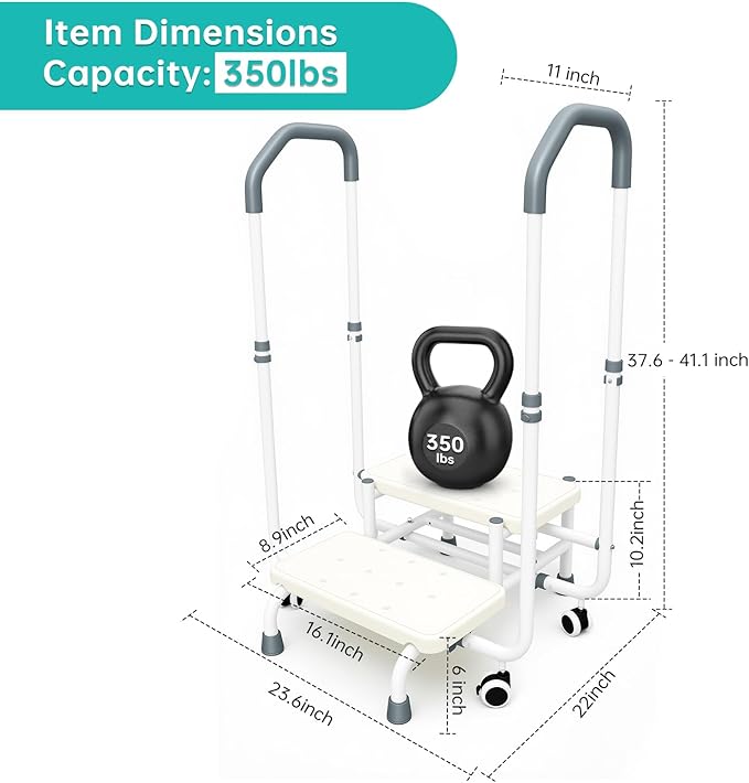 2-Step Stool with Double-Side Handrails & 4 Casters for Elderly, Bed Steps for High Beds for Adults, Non Slip Platform and Adjustable Handrail, for Kitchen Bathroom RV Bathtub, Assist Rail gray