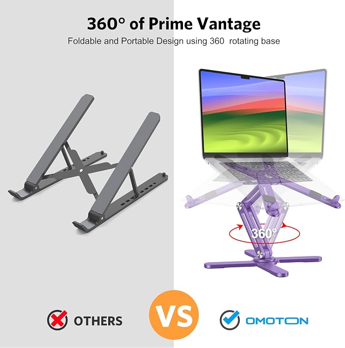 OMOTON LA10 360° Rotating Laptop Stand Riser Foldable for Desk, Purple | Aluminium Aolly, Adjustable Height Angles, Collaborative Work, Easy Storage, Fits Laptops up to 17", for MacBook Pro/Air HP