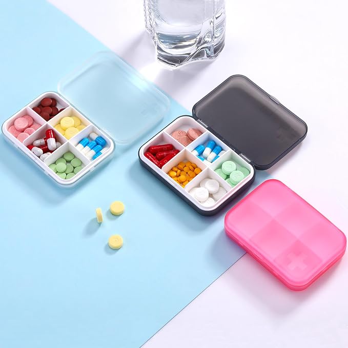 Portable Pill Organizer - Slim Pill Box for Purse or Travel, Compact Pill Case(6 Compartment,Gray)