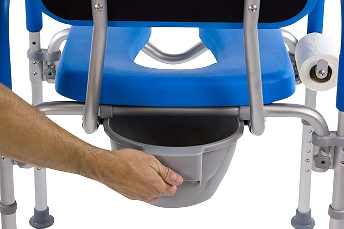 Dignity Ultra-Premium Padded Commode Shower Chair, Comfortable Raised Toilet Seat with Padded Arm Handles and Backrest, for Seniors, Elderly, Adjustable Height, Includes Commode Pail and Lid, Blue