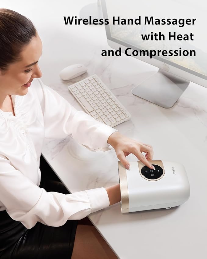 CINCOM Upgraded Hand Massager with Heat and Compression for Arthritis and Carpal Tunnel - Cordless & Rechargeable, Gifts for Women (Pearl White & Gold)