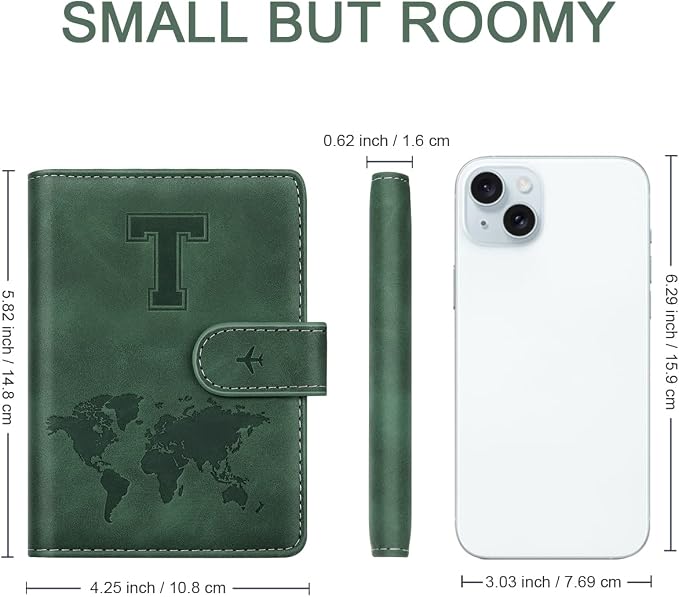 Passport Holder Wallet Cover Personalized Initial Travel Essentials | Embossed Letter A-Z Design, Travel Wallets, RFID Blocking, Passport Book Holders, Women and Men, Personalized Gifts, Green-T