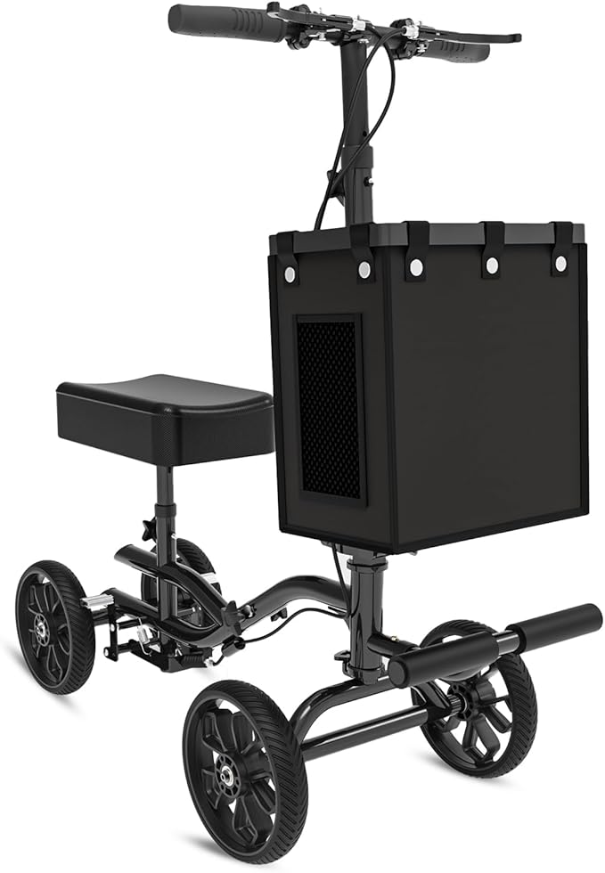 Lightweight Knee Scooter Crutch Alternative, Foldable & Adjustable Knee Scooter for Adults for Foot Surgery, Steerable Knee Walker with Detachable Basket, Includes DIY Stickers-Metallic Black