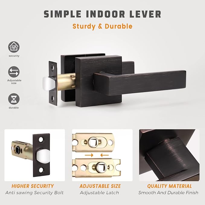 KNOBWELL 8 Pack Passage Door Handle Interior, Oil Rubbed Bronze Door Handles for Closet/Hallway Without Lock, Pull Only Square Door Knob with Levers