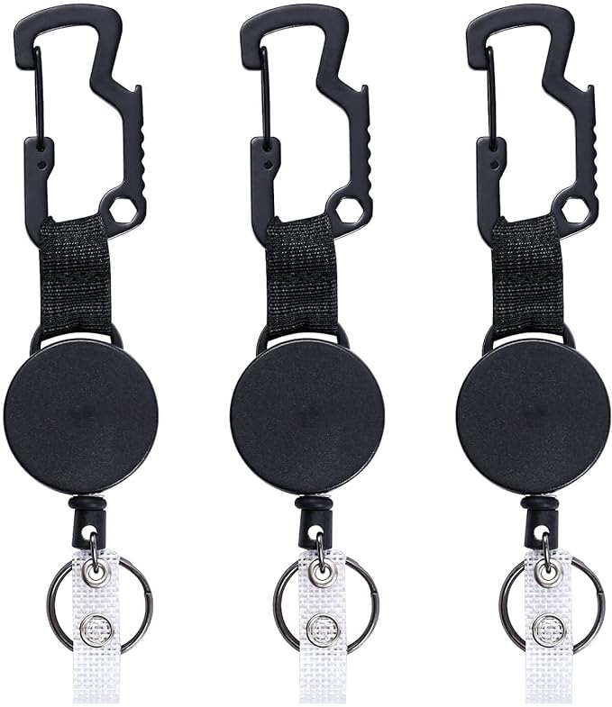 DELSWIN Retractable Badge Holders Clip, 3 Pack Heavy Duty Retractable Keychain with Multitool Carabiner,Tactical Badge Reels Key Chain with 25 Inches Steel Cord
