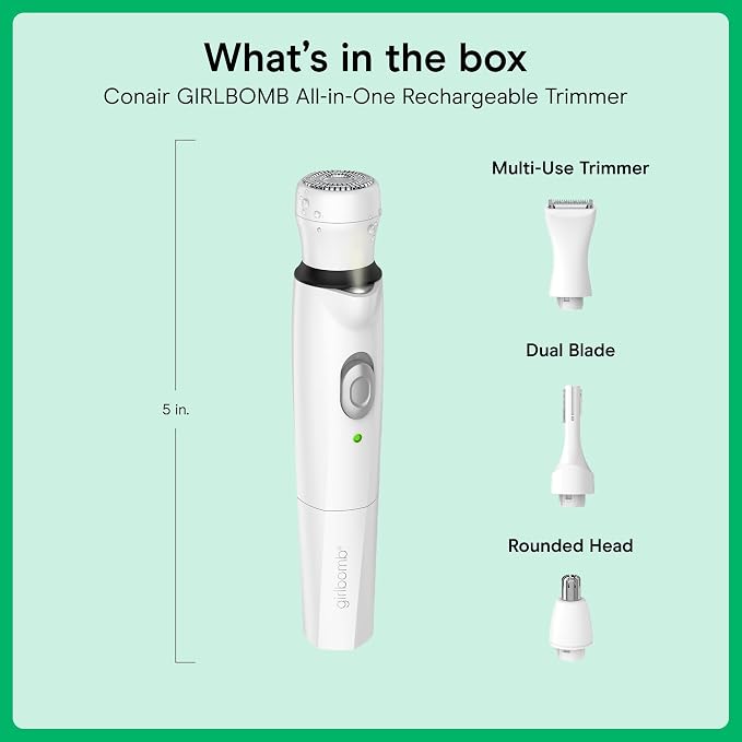 Conair Girlbomb All-in-One Face and Body Trimmer | Rechargeable Wet/Dry Shaver with 4 Attachments for Face, Nose, Brows, and Body, White, GBLT86L