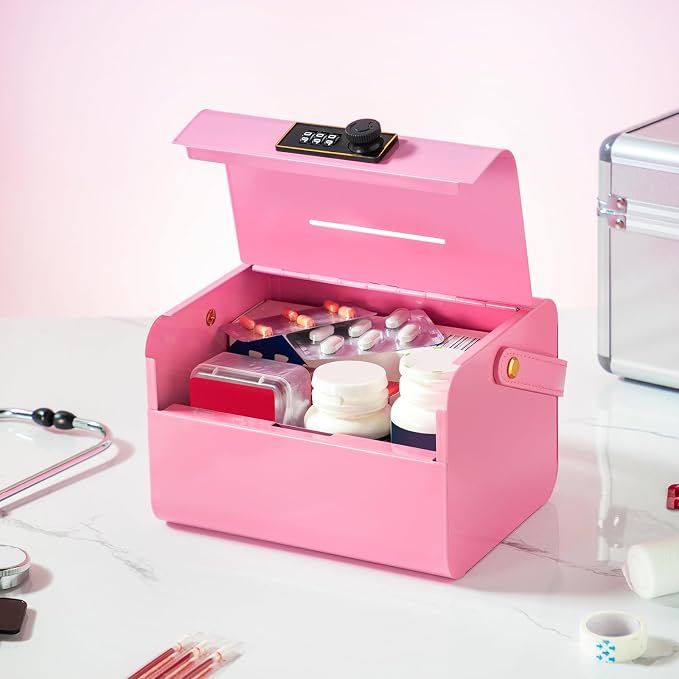 Honeydak Lock Box for Medication Metal Small Medicine Safe Pill Storage Box Portable Medicine Organizer with Combination Code and Handle for Refrigerator Fridge First Aid(Pink)