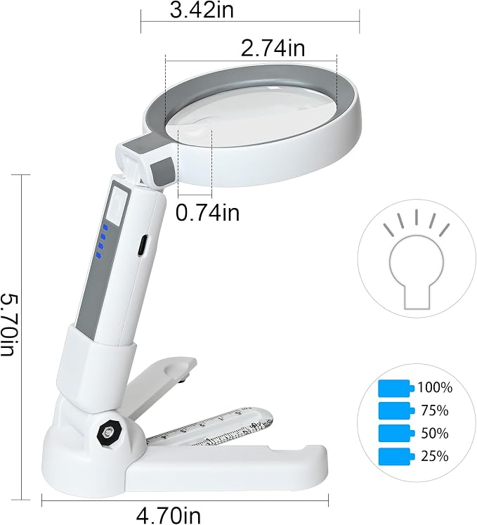 4X Rechargeable Magnifying Glass with 18 LED Light, Foldable Handheld Stand, Magnifying Glass with Light Ideal for Close Work, Seniors Reading, Macular Degeneration - Inbuilt Lithium Battery Included