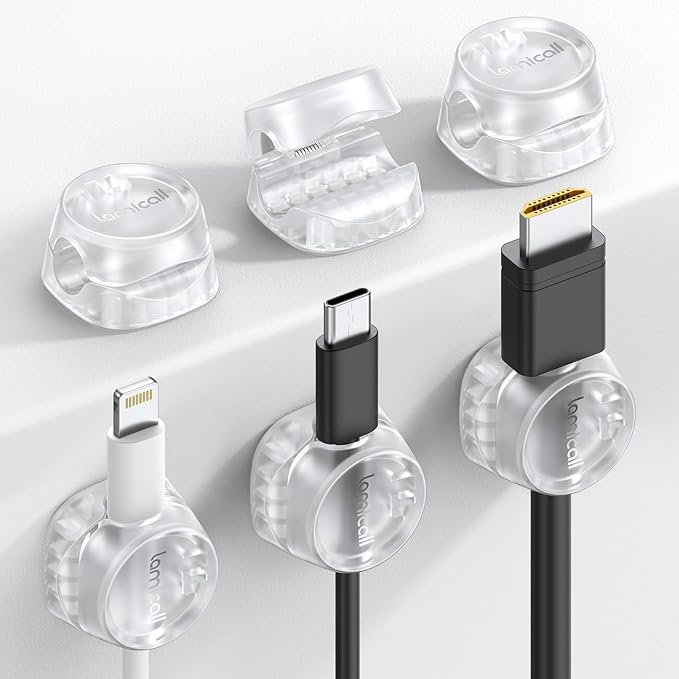 6Pack Cord Organizer, Office Desk Accessories - Lamicall Clear Cable Management Clips, Home Workspace Organization Accessories, Nightstand Desk Car Decor, College Dorm Room School Gadget Essentials