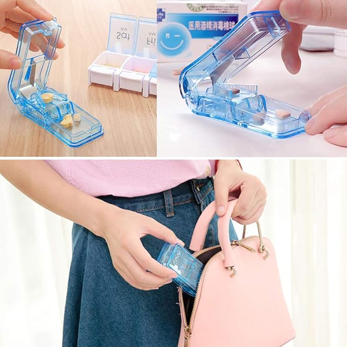 JohnBee Pill Cutter | Best Pill Cutter for Small or Large Pills | Designed in The USA| Cuts Vitamins | Includes Keychain Pill Holder (Blue) | pill splitter for small pills or 0.8" large pills