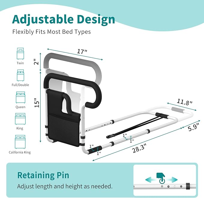 Bed Rails for Elderly Adults Safety, Adjustable Bed Assist Rail for Seniors, Bed Safety Rail with 2 Storage Bag and Fixing Strap, Fit King, Queen, Full, Twin, Supports 300 lbs
