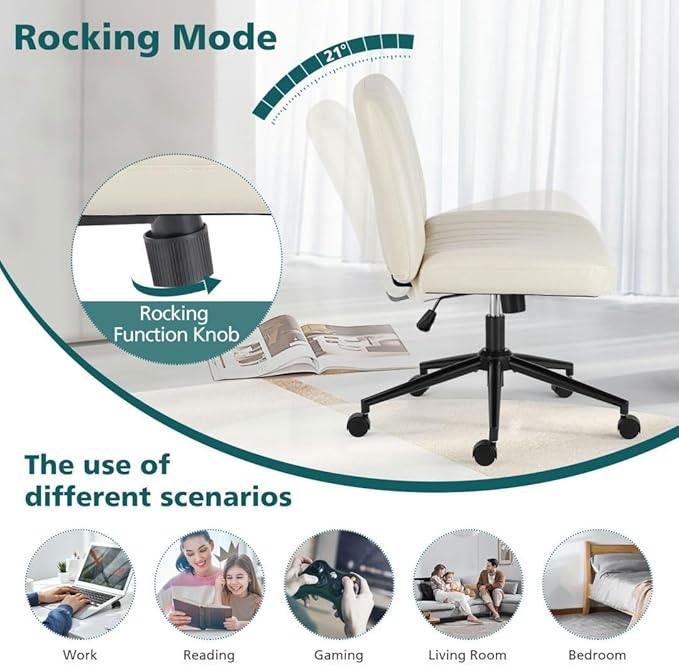 Criss Cross Chair with Wheels, Ergonomic Armless Swivel Comfy Vanity Seat, Wide Back Support and Adjustable Height for Home Office Bedroom Computer Gaming Makeup, Beige Leather