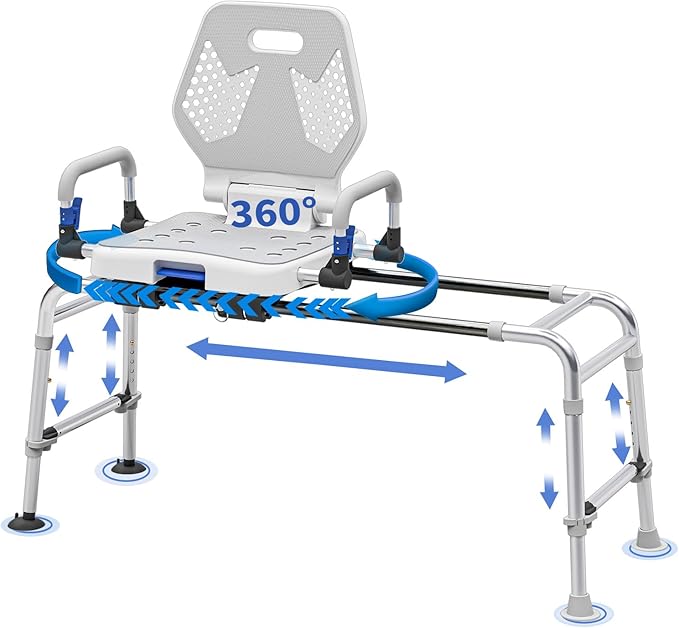 Sliding Shower Chair Swivel Tub Transfer Bench with Backrest with Non Slip Suction Cups 400lbs