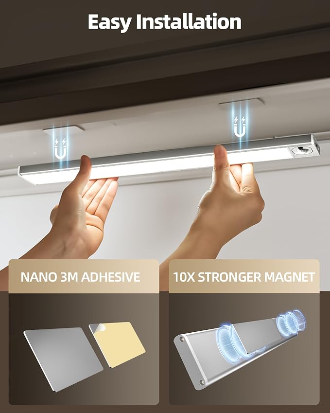 6Pack 16inch Under Cabinet Lighting, Rechargeable Motion Sensor Light Wireless Indoor, Dimmable 3 Color Temps Closet Lights with Remote, Under Counter LED Lights for Kitchen, Stairs