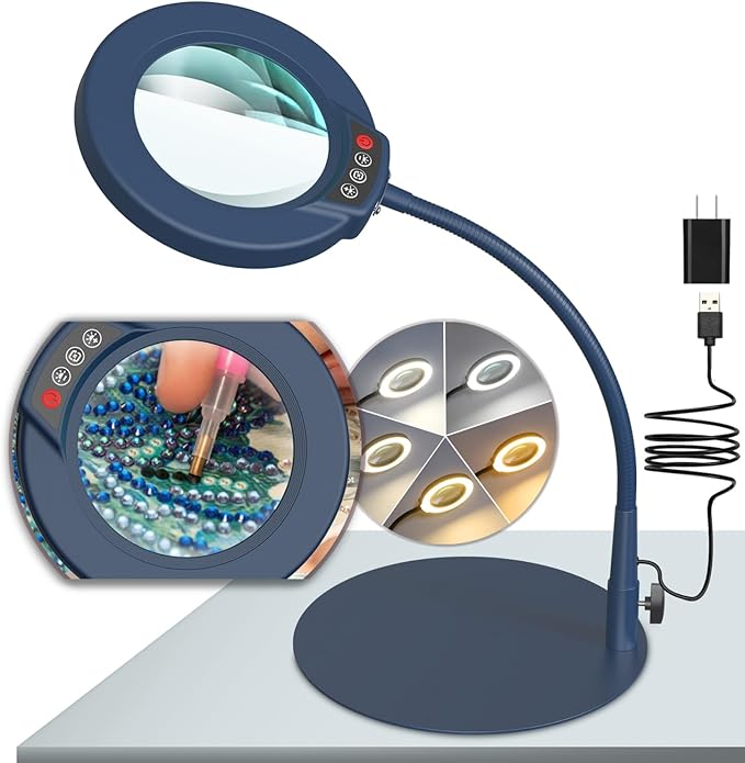 10X Magnifying Glass with Light and Stand, 5 Color Modes Stepless Dimmable LED Lighted Desk Lamp, Hands Free Flexible Gooseneck Magnifier with Light for Craft Hobby Painting Close Work - Blue