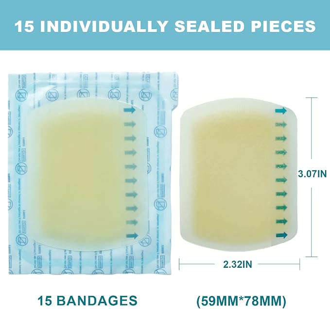 Dodanros Advanced Fast Healing Large Hydrocolloid Gel Bandages, Adhesive Wound Care Pads, 3.07 * 2.32 in （15 Count）