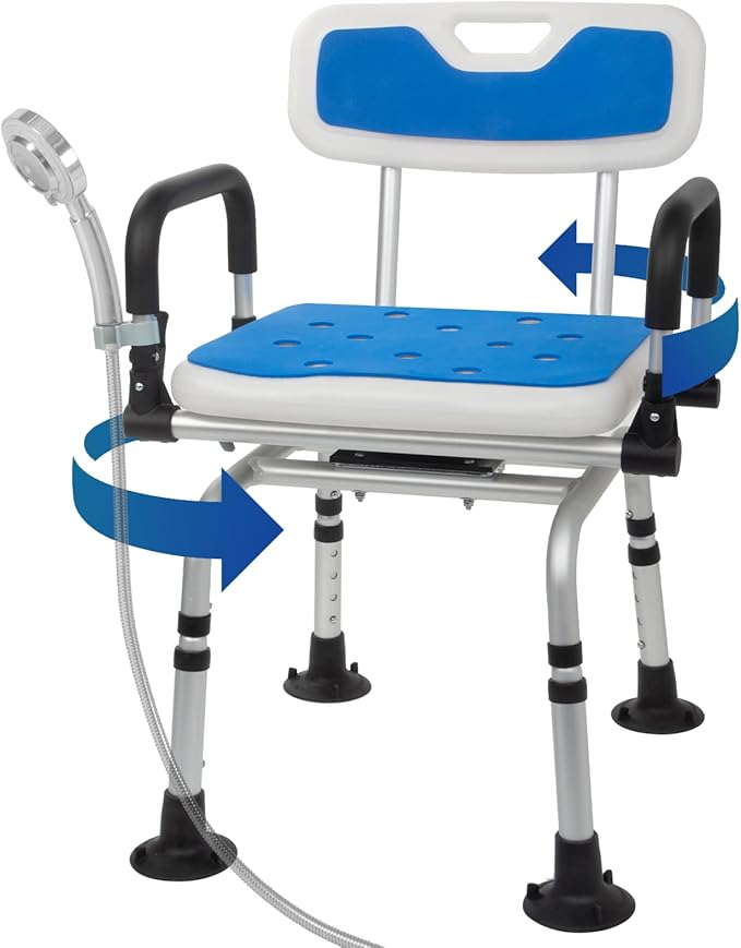 Swivel Shower Chair for Inside Shower with Pivoting Arms, 360° Rotating Shower Chair for Elderly and Disabled, Adjustable Height Swivel Bath Chair with Extra Accessories