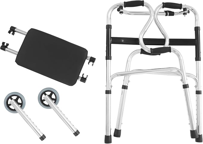 Folding Walker on Wheels with Removable Seat, 3-in-1 Stand-Assist Folding Walkers, Adjustable Height Walking Mobility Aid Toilet Handrail for Elderly Handicapped Disabled