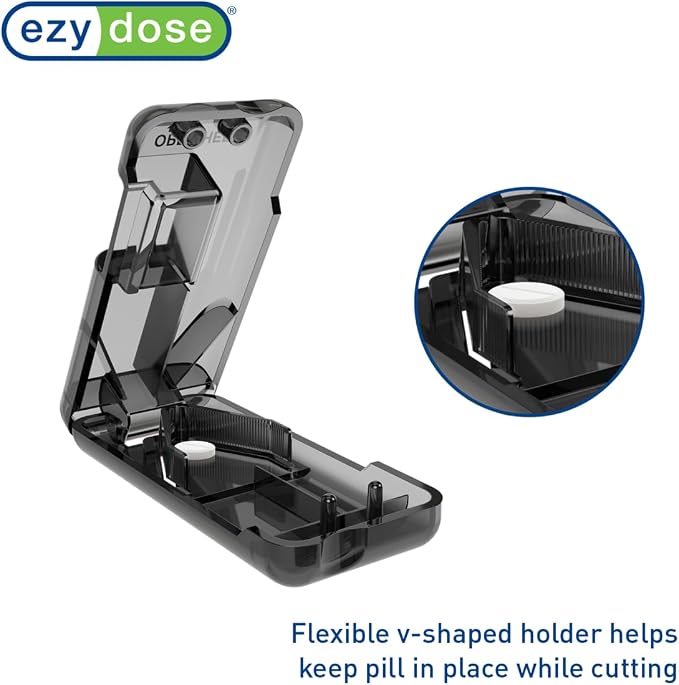 EZY DOSE Pill Cutter and Splitter with Dispenser, Safely Cuts Large, Small and Tiny Pills, Vitamins, Tablets in Half, Accurate and Easy Cutting, Stainless Steel Blade, Travel Sized, Black, BPA Free