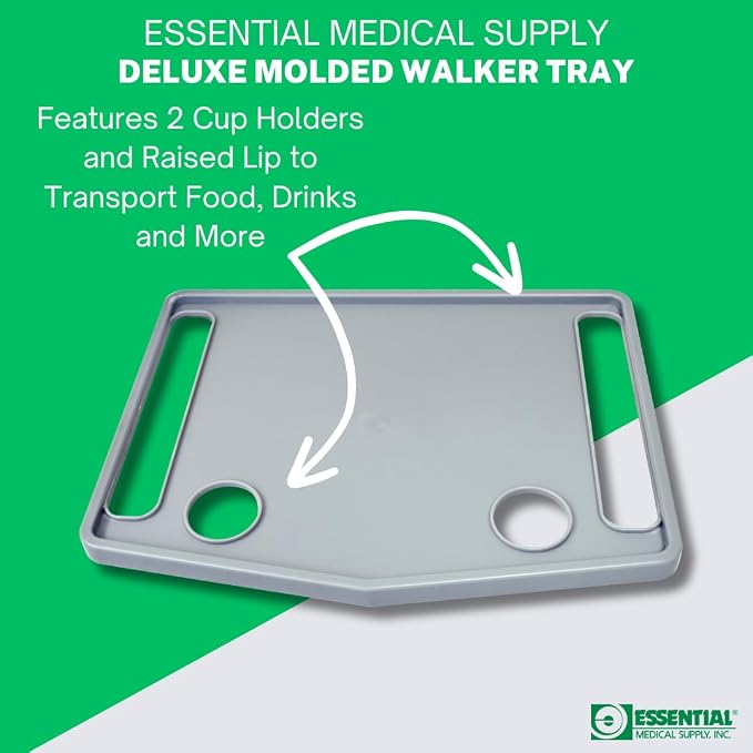 Essential Medical Supply Molded Walker Tray with 2 Cup Holders - Perfect for Mobility and Transport, Fits Most Walkers and Provides Convenient Tray for Almost Any Folding Walker