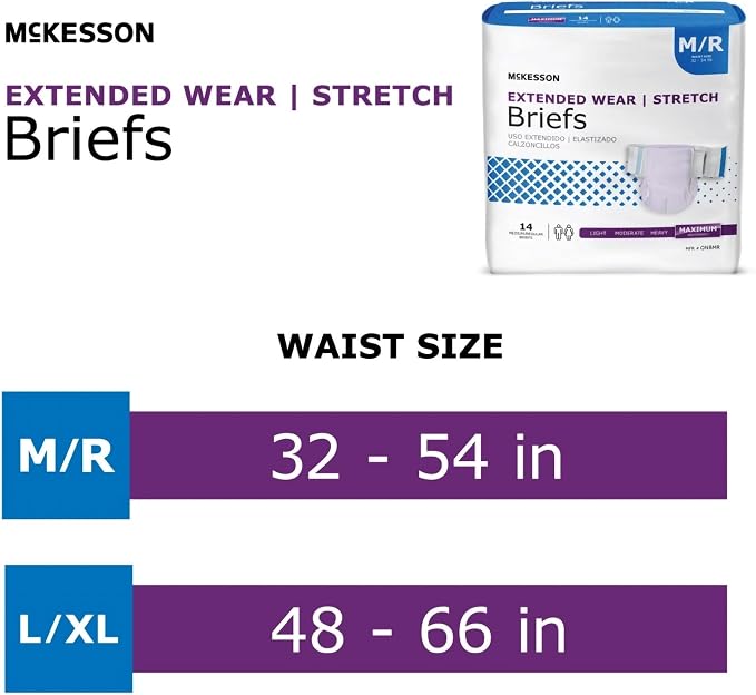 McKesson Extended Wear Stretch Briefs, Maximum Absorbency, 54 in, 56 ct | M/R, Unisex, Disposable, Elastic Leg Gathers and Contoured Fit for Men and Women, Incontinence
