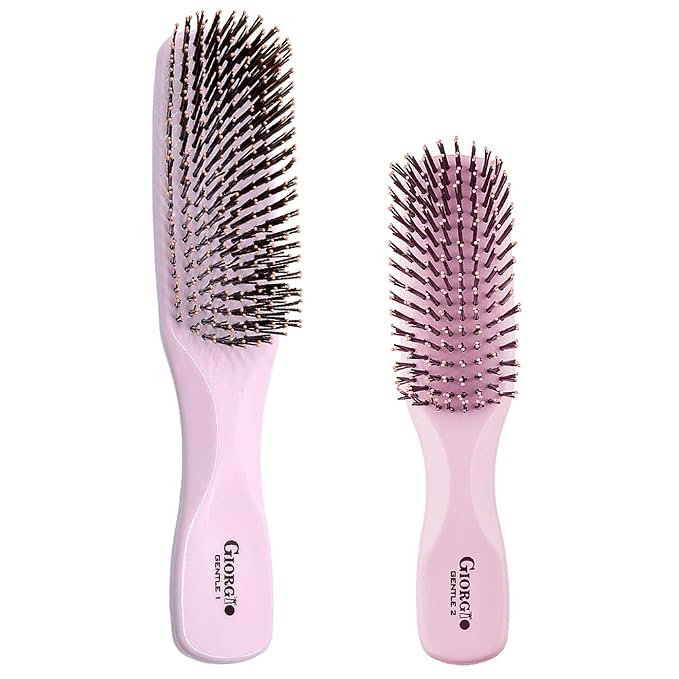 Giorgio Gentle Pink Hair Brush Set – Gift for Women, 2 Detangler Brushes (6.25" & 7.75"), Scalp Massager, Travel Hair Brush, Sensitive Scalp, All Hair Types