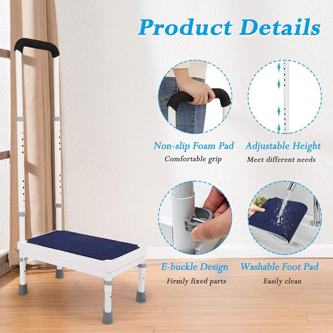 Bedside Steps for High Beds for Elderly Adults One Step Stool with Handle SUV Car Stepping Stool Seniors Stand Assist Aid Medical Heavy Duty 400lb Wide Platform Footstools for Bedroom Bathroom