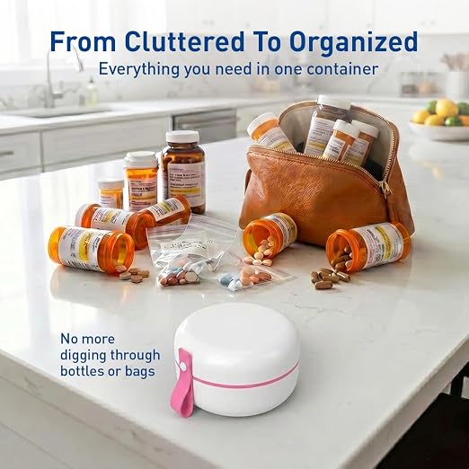 EZY DOSE Mini Pill Organizer, 4-Compartment Vitamin & Medication Case with Screw-Top Secure Seal + Sliding Dispenser, Compact Bottle-Replacement for Purse, Work, Cruise & Travel, Small, White/Pink